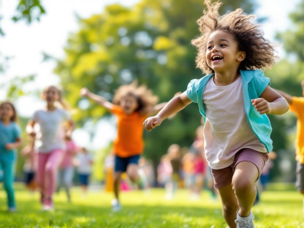 Copii jucându-se activ în parc.