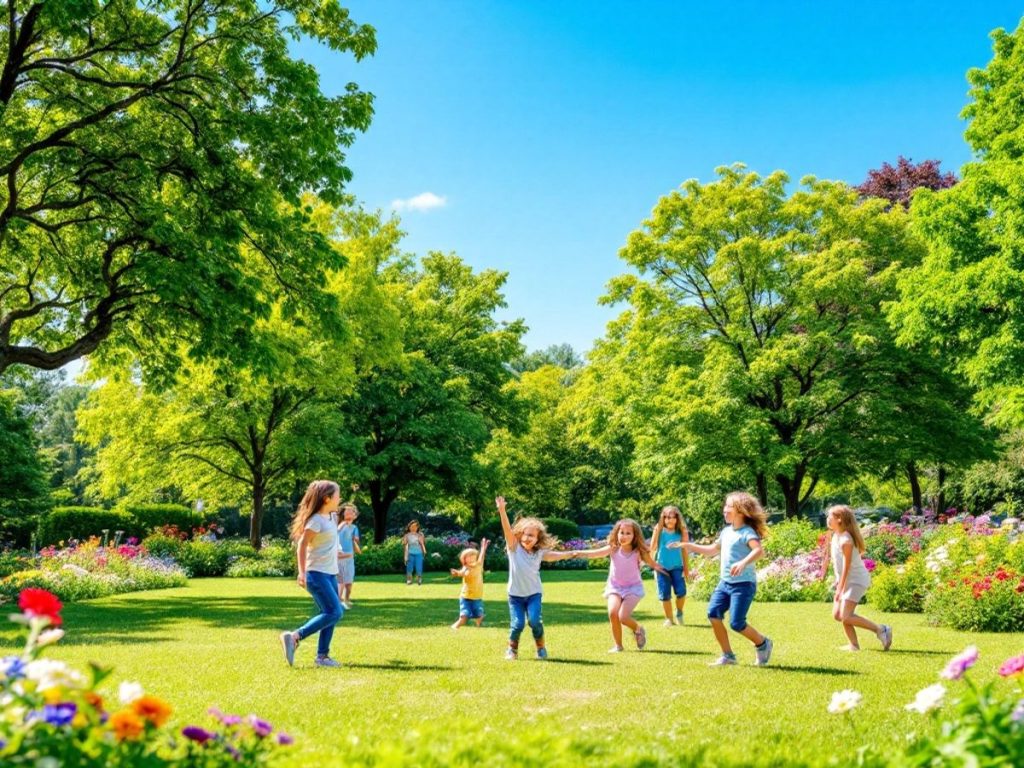 Copii jucându-se în natură, în parc verde.