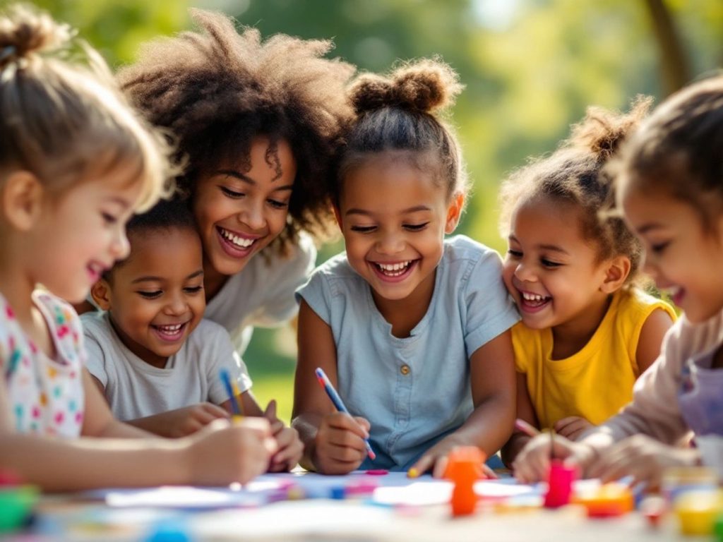 Grup de copii jucându-se fericiți în parc.