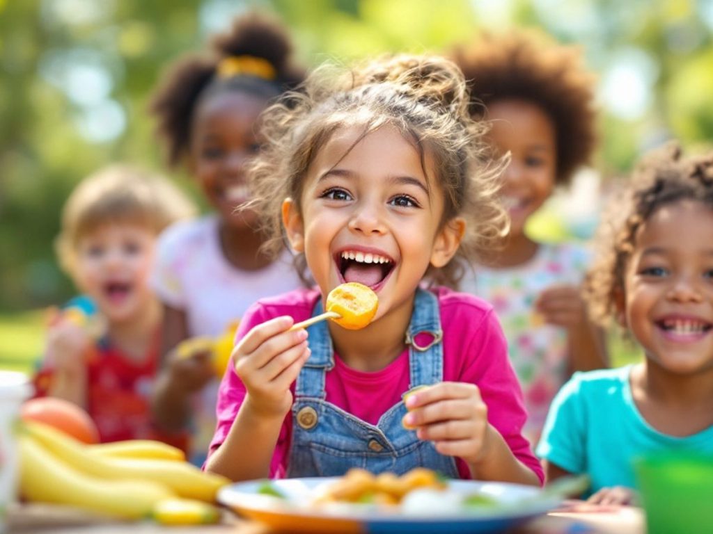 Copii jucându-se și mâncând gustări sănătoase.