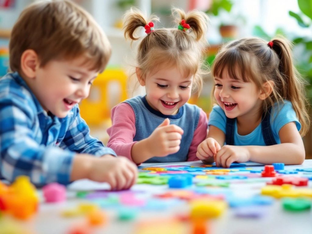 Copii jucându-se cu jocuri educative, dezvoltând abilități.