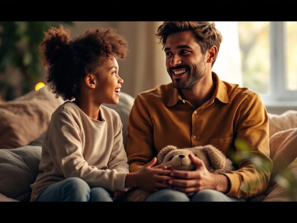 Părinte și copil discutând despre emoții.