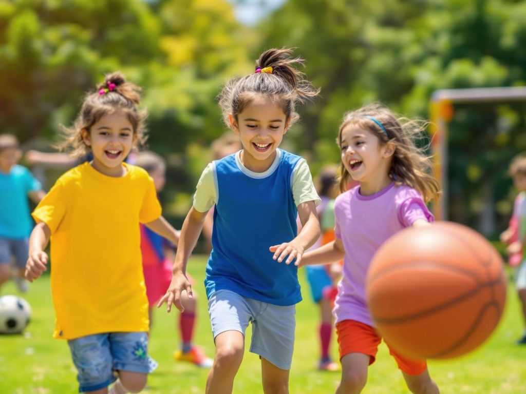 Copii jucându-se sporturi în aer liber.