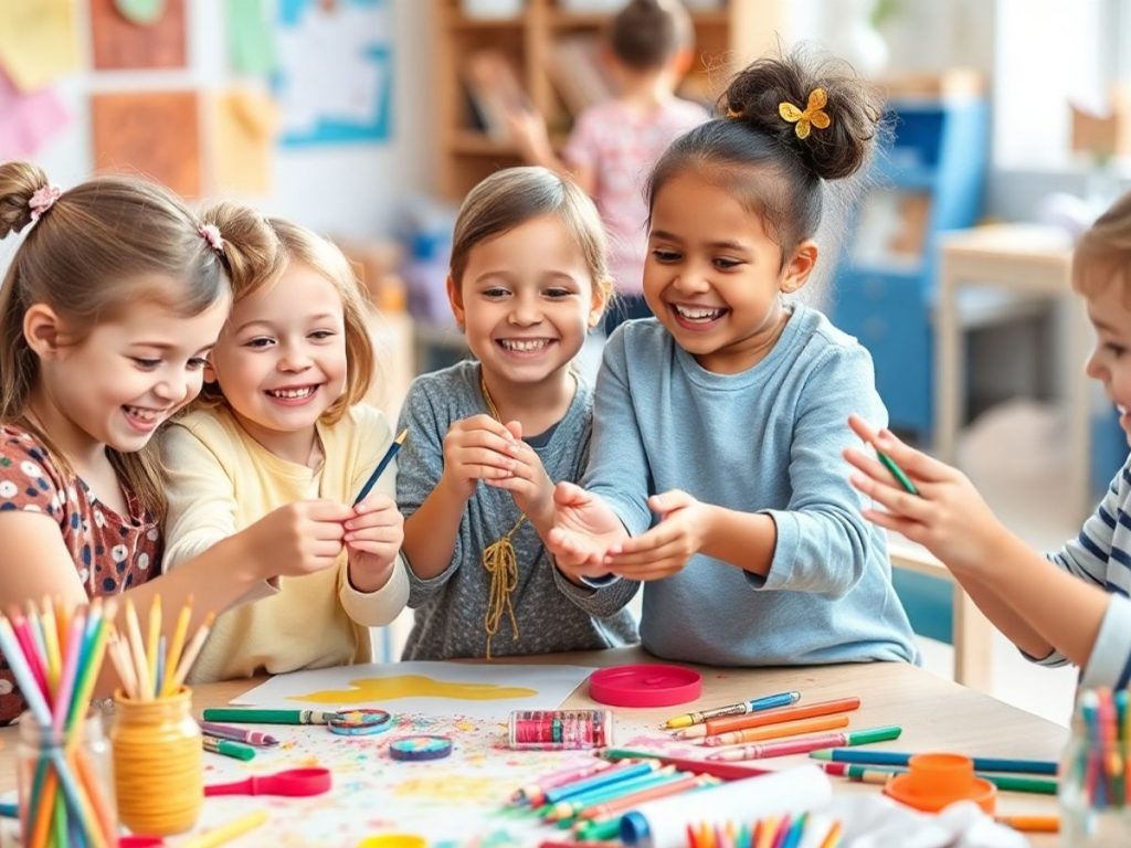 Copii fericiți lucrând la activități creative.