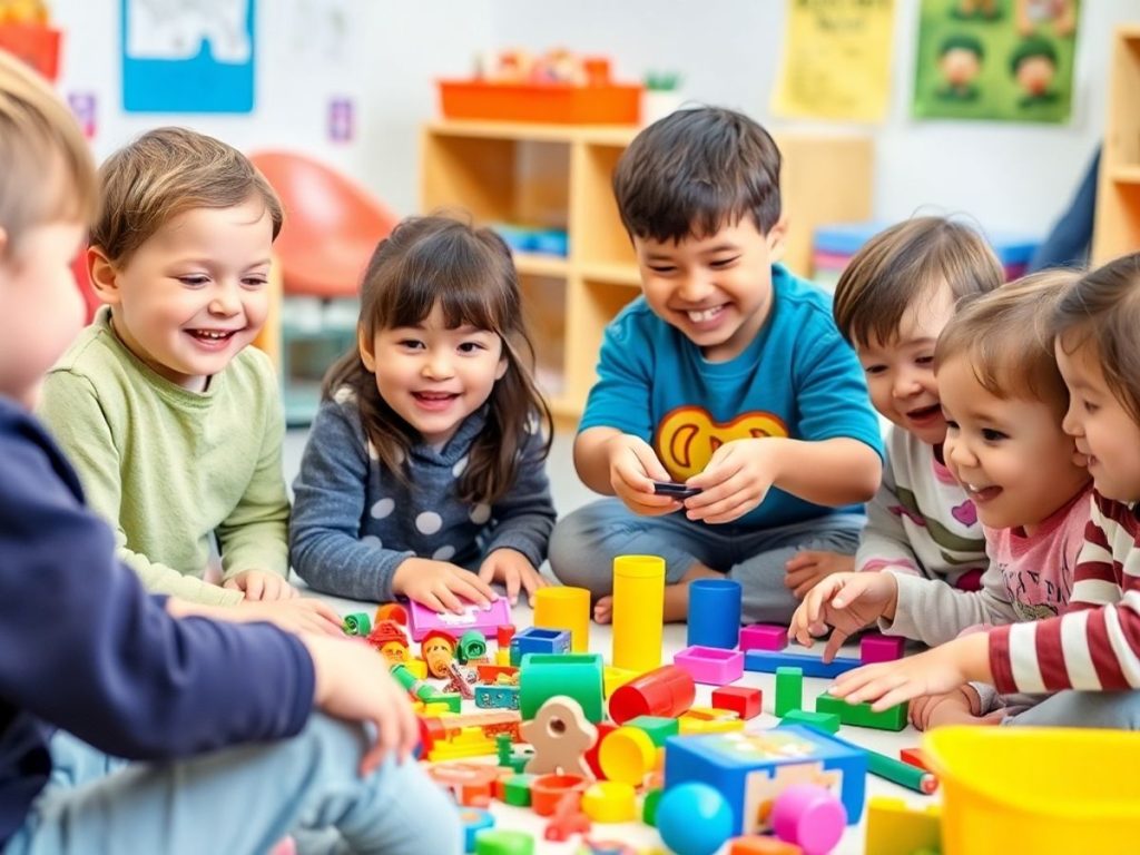 Copii jucându-se și învățând împreună, plini de veselie.