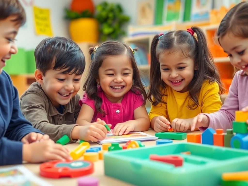 Copii jucându-se și învățând într-un mediu interactiv.