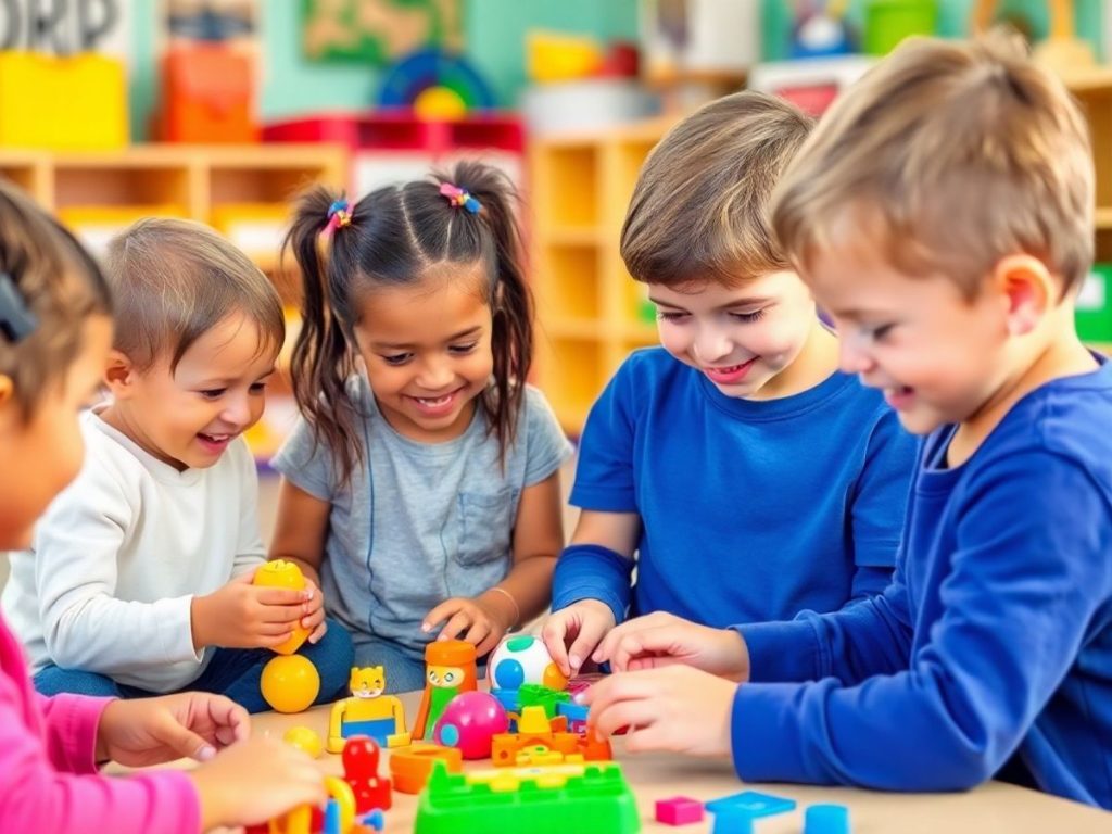 Copii jucându-se și învățând în clasă colorată.