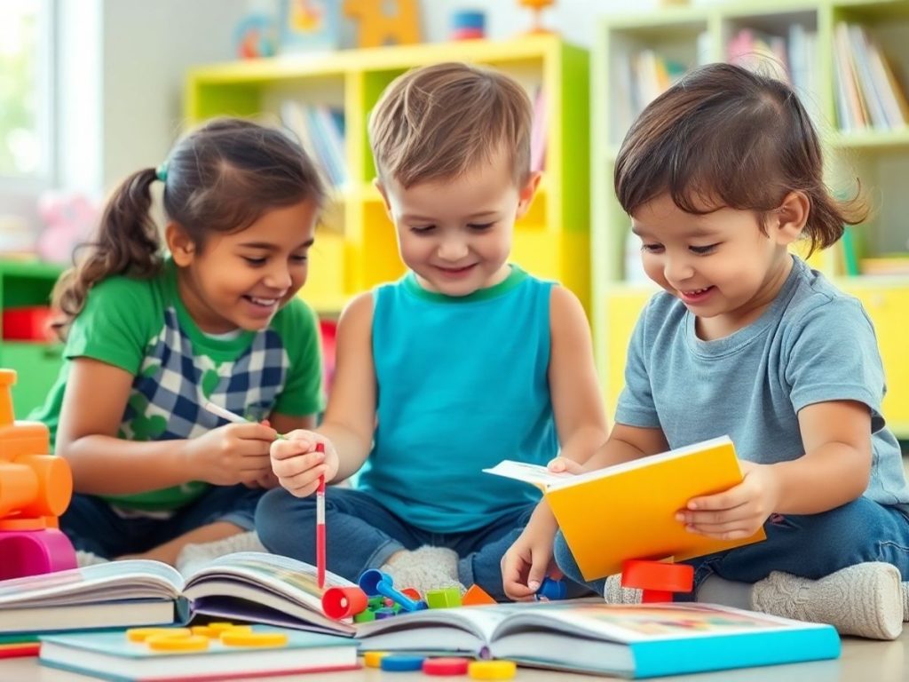 Copii jucându-se și învățând cu jucării educaționale.