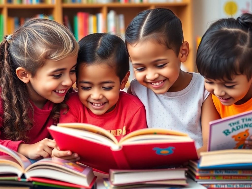Copii citind povești împreună, zâmbete și bucurie.