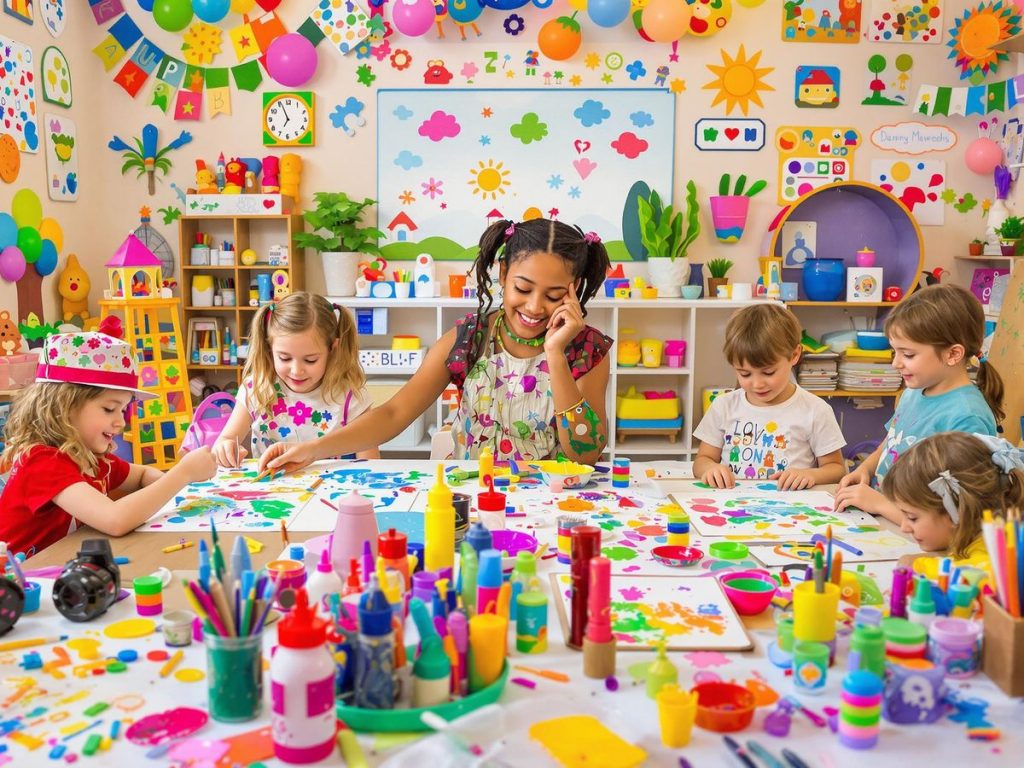 Copii creativi jucându-se cu materiale artistice.