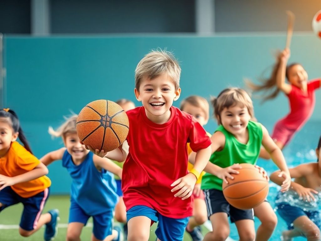 Copii jucând sporturi diverse cu bucurie și energie.