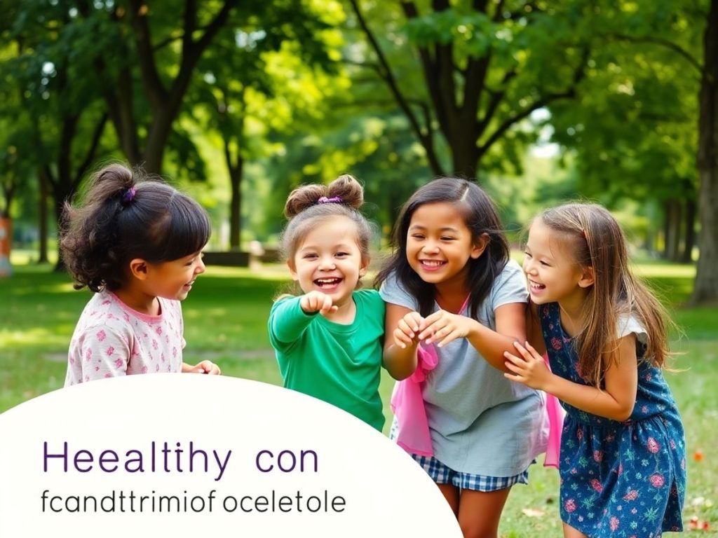 Grup de copii jucându-se și zâmbind împreună.