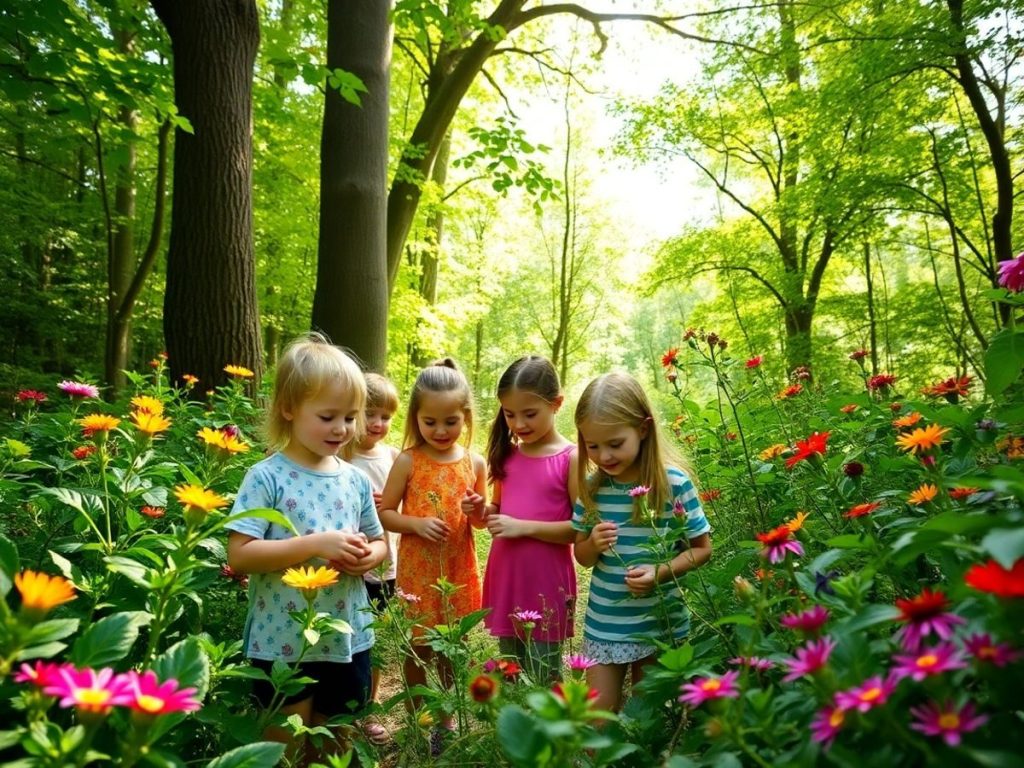 Copii explorând natura într-o pădure verde.