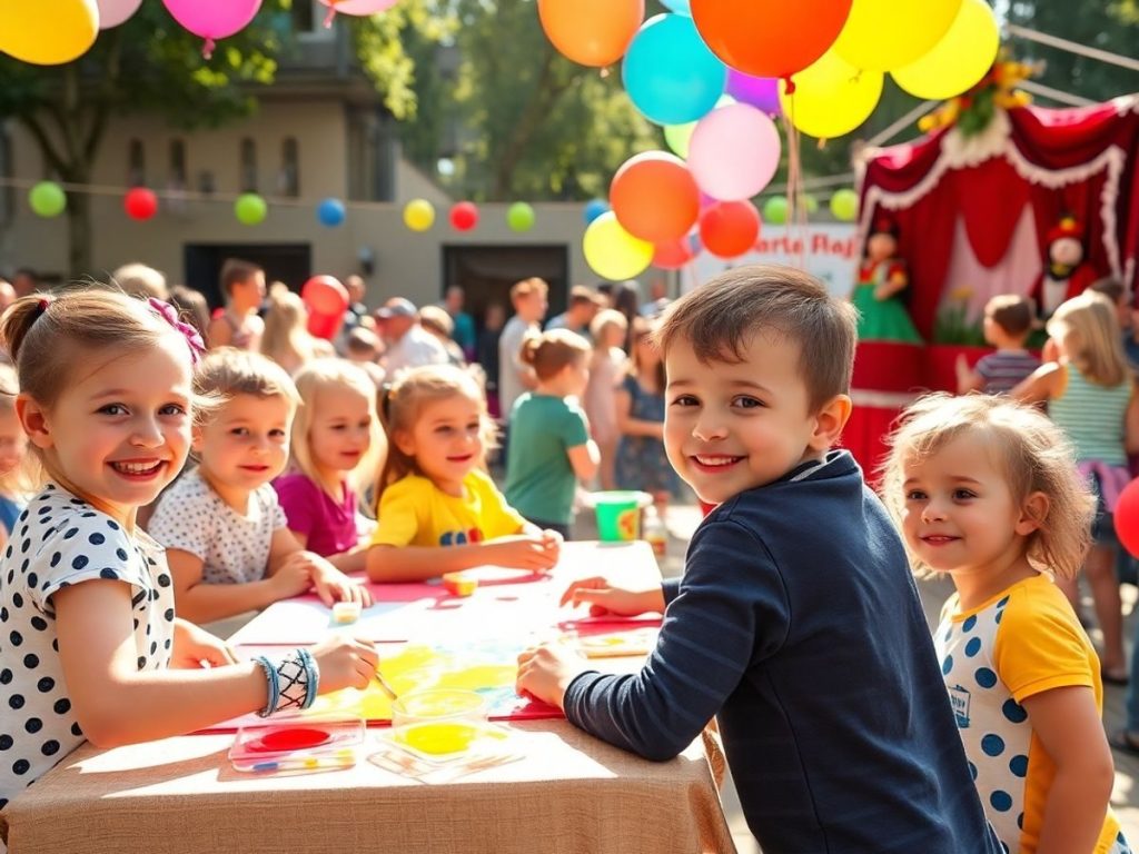 Copii fericiți jucându-se la evenimente pline de culoare în România.