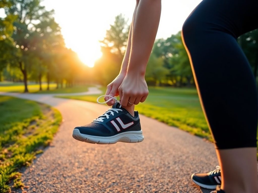 Persoană legându-și șireturile pentru a alerga în parc la răsărit.