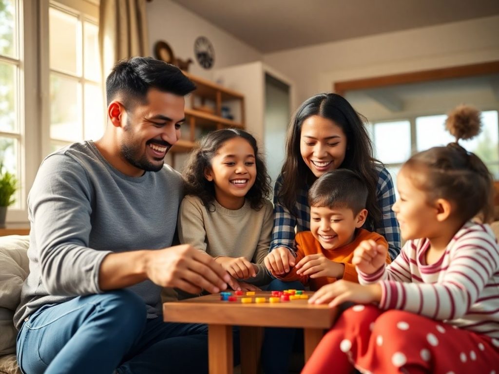 Familie zâmbitoare, jocuri, râsete, activități distractive acasă
