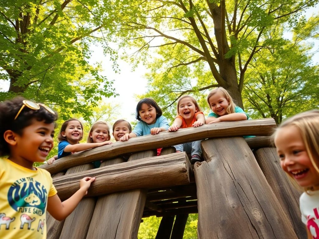 Copii zâmbesc construind un fort în tabără.