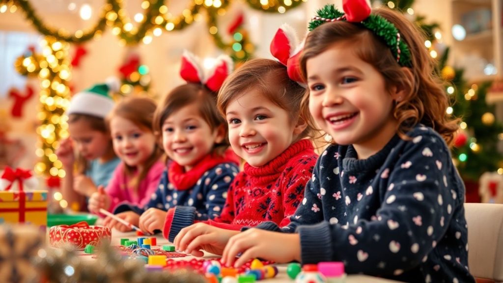 Copii bucurându-se de activități de sărbători pline de magie.