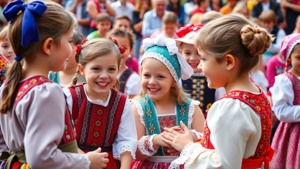 Copii jucând jocuri tradiționale românești în costume colorate.