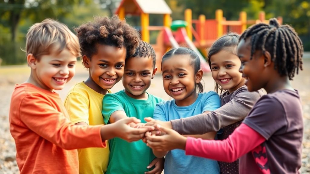 Copii zâmbitori ajutându-se reciproc pe un loc de joacă.